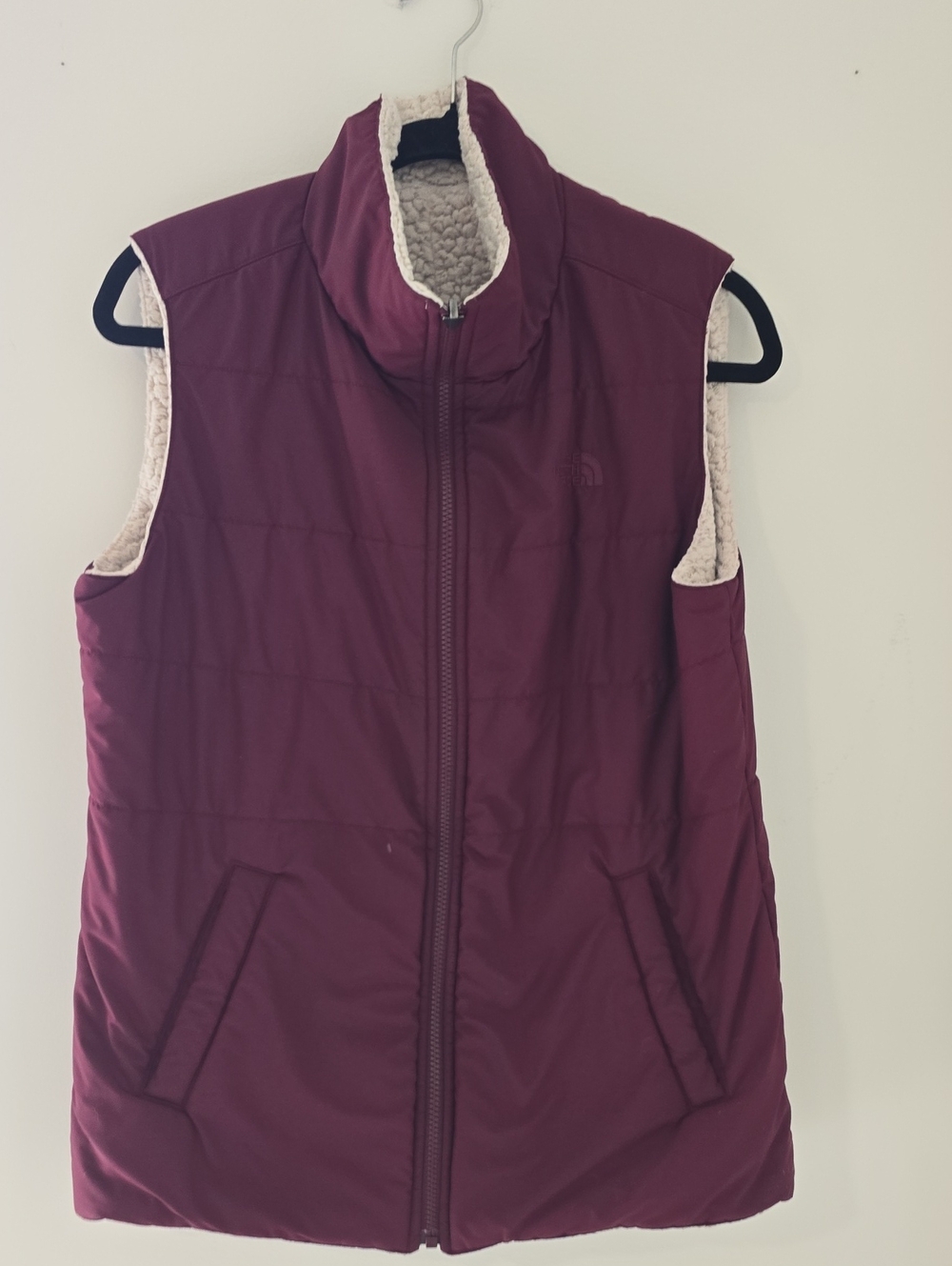 The North Face Maroon Quilted Vest with Cream Sherpa Trim